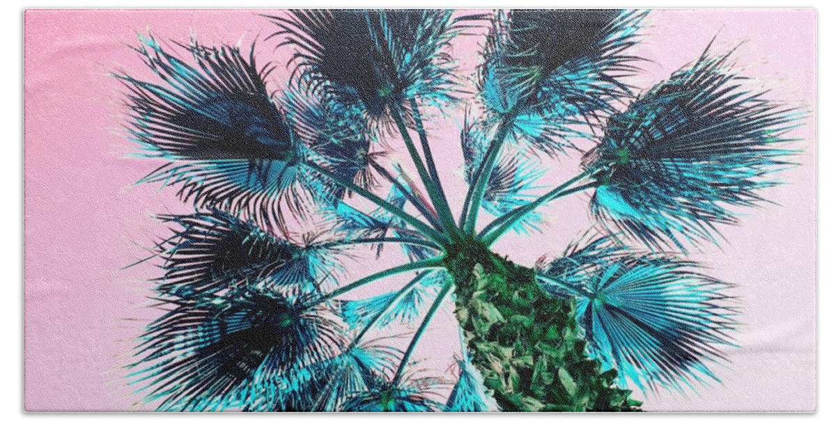 Palm Tree Bath Towel featuring the photograph Blue Palm Tree with Pink Sky by Marianna Mills