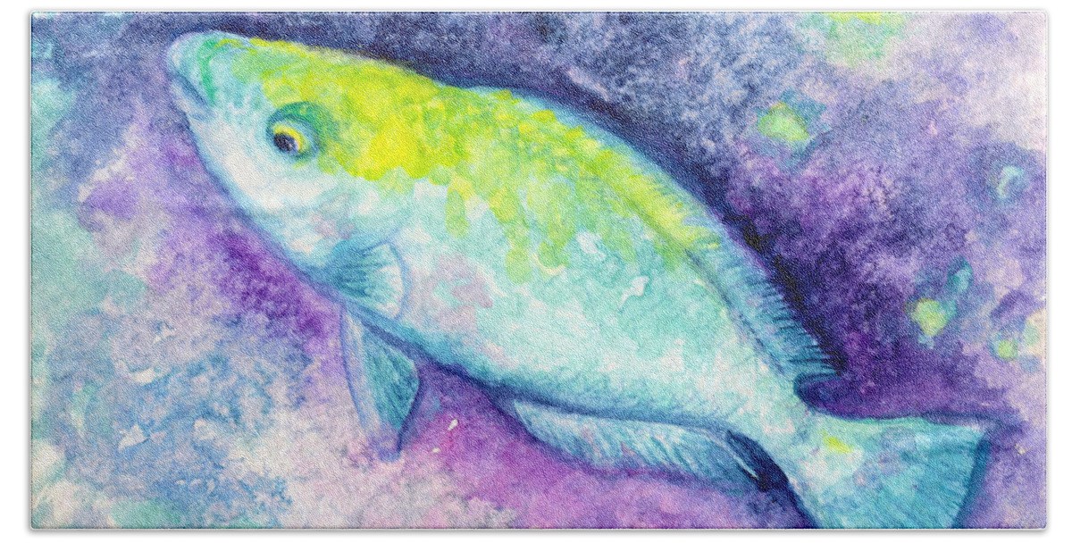 Tropical Fish Bath Towel featuring the painting Blue Parrotfish by Ashley Kujan