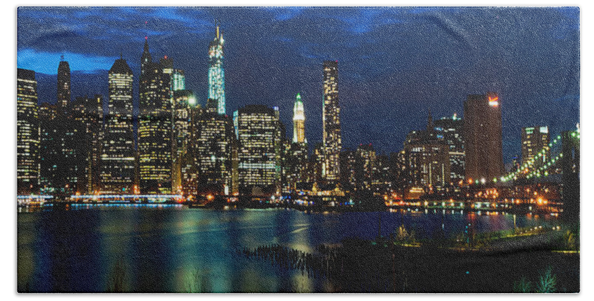 Amazing Brooklyn Bridge Bath Towel featuring the photograph Blue Reflections in New York's East River by Mitchell R Grosky