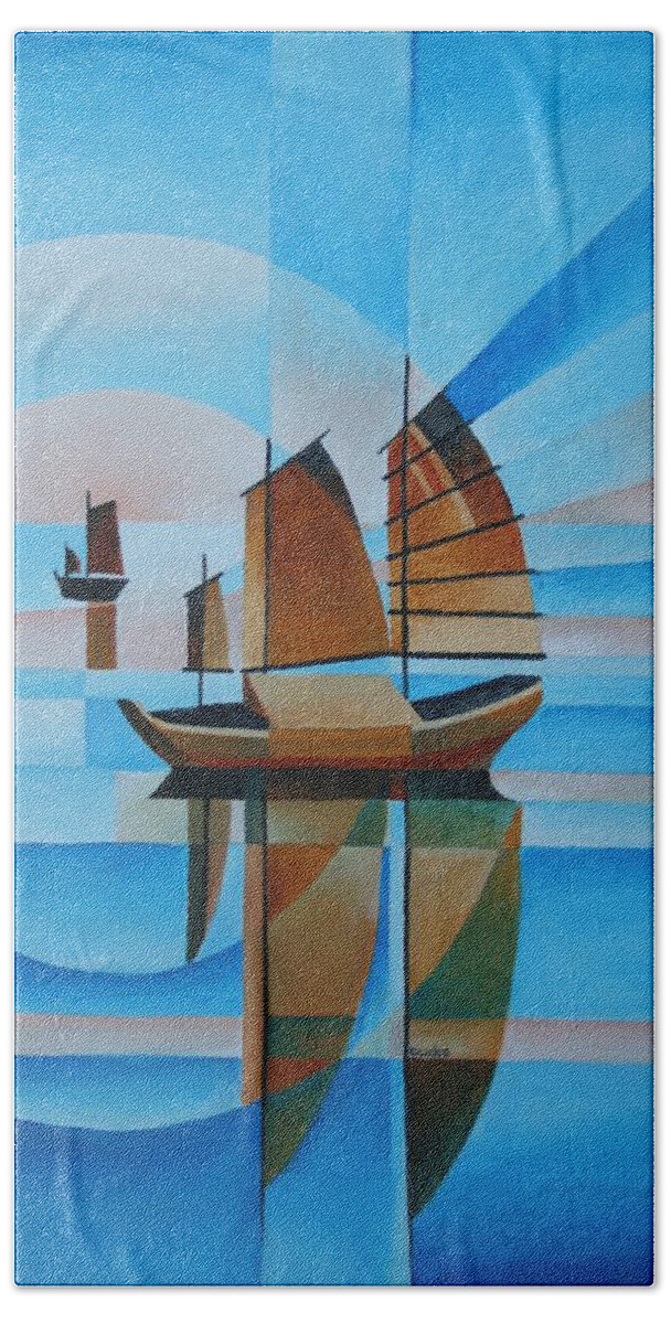 Sailboat Hand Towel featuring the painting Blue Skies and Cerulean Seas by Taiche Acrylic Art