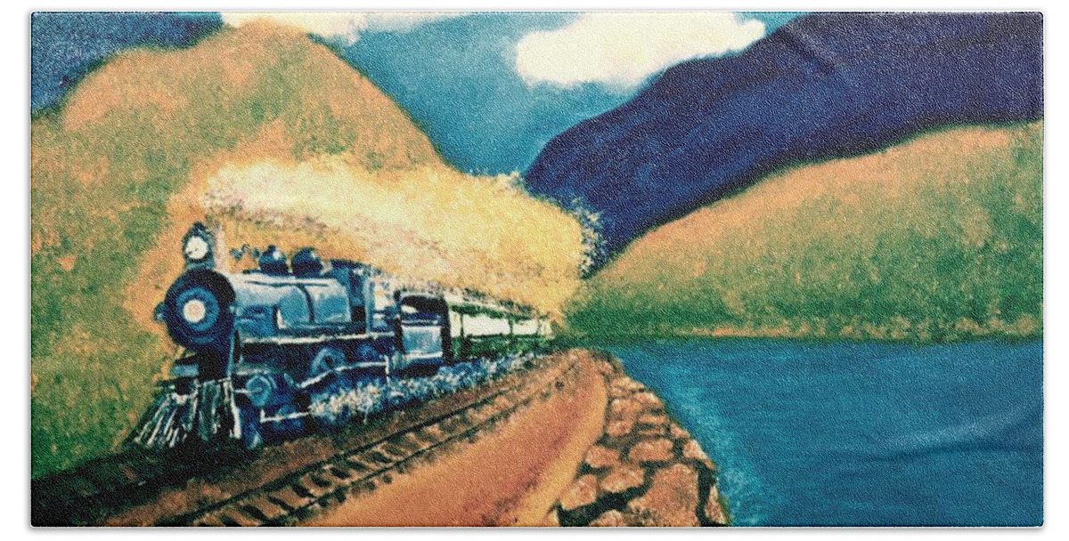 Landscape Bath Towel featuring the painting Blue Train by Denise Tomasura