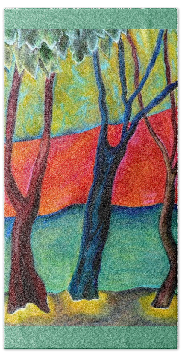 Landscape With Stylized Trees Bath Towel featuring the painting Blue Tree 2 by Elizabeth Fontaine-Barr