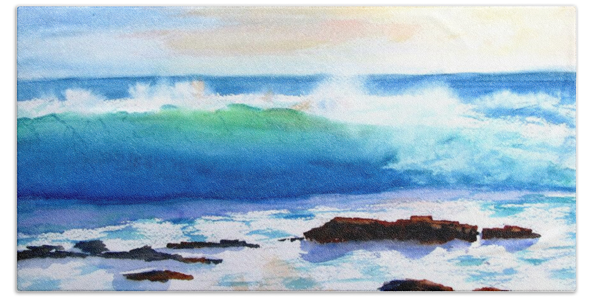 Ocean Hand Towel featuring the painting Blue Water Wave crashing on Rocks by Carlin Blahnik CarlinArtWatercolor