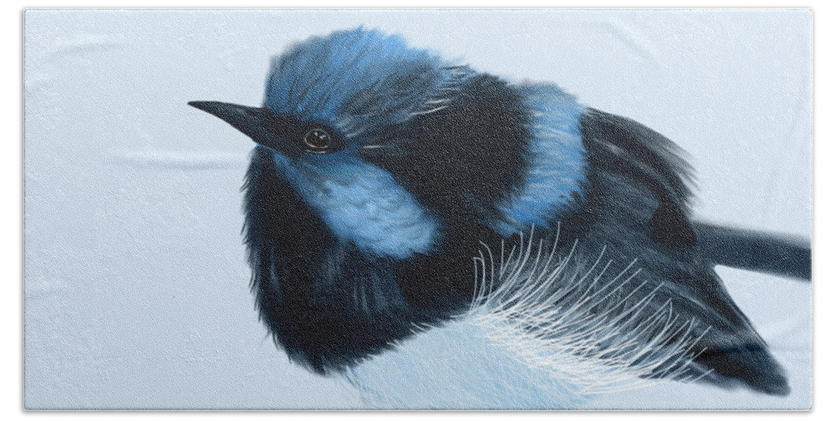 Blue Hand Towel featuring the painting Blue Wren Beauty by Barefoot Bodeez Art