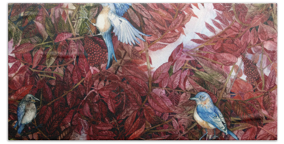 Bluebirds Hand Towel featuring the painting Bluebirds Love Sumac by Helen Klebesadel