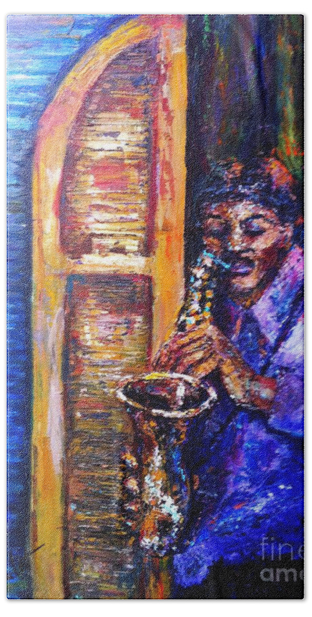 New Orleans Hand Towel featuring the painting Blues Sax by Beverly Boulet