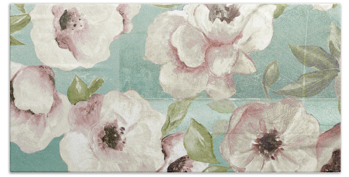 Blush Hand Towel featuring the painting Blush Flowers On Teal by Patricia Pinto
