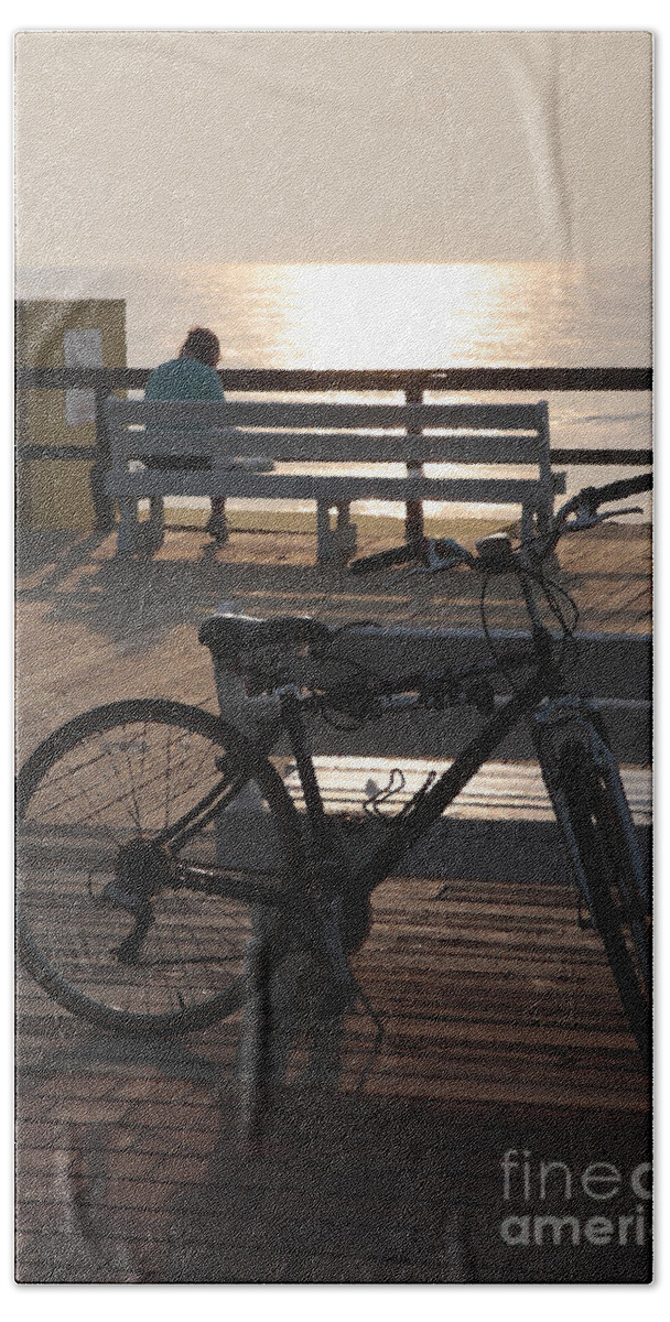 Bike Bath Towel featuring the digital art Boardwalk Bicycle at Sunrise with watercolor effect by William Kuta