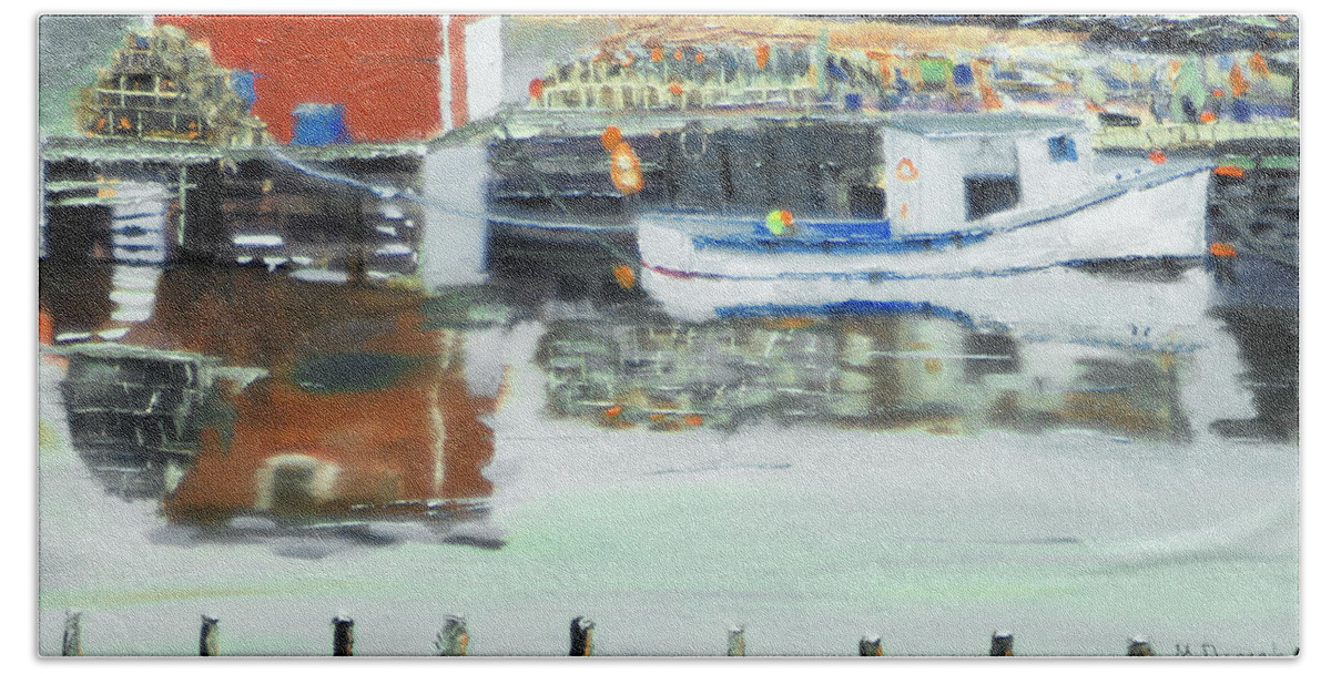 Boat Water Dock Fish Reflection Lobster Net Trap Pot Bouy Hand Towel featuring the painting Boat at Louisburg NS by Michael Daniels