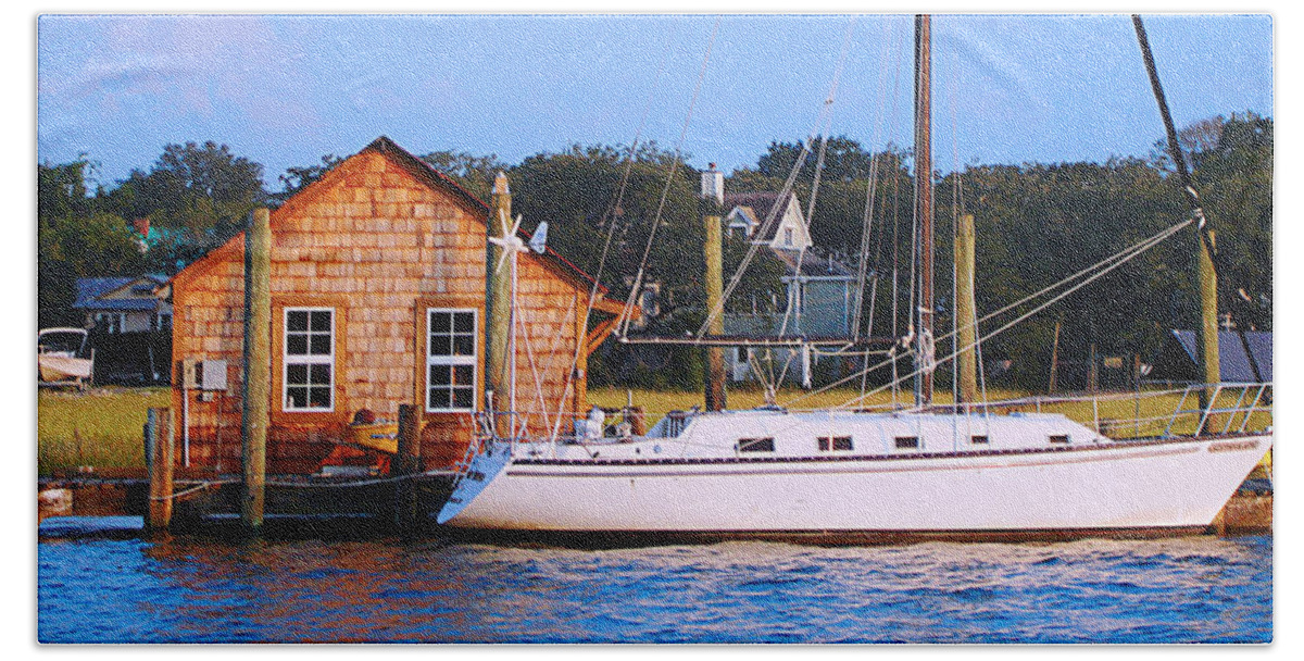 Boat Hand Towel featuring the photograph Boat at Shem Creek by Jan Marvin by Jan Marvin