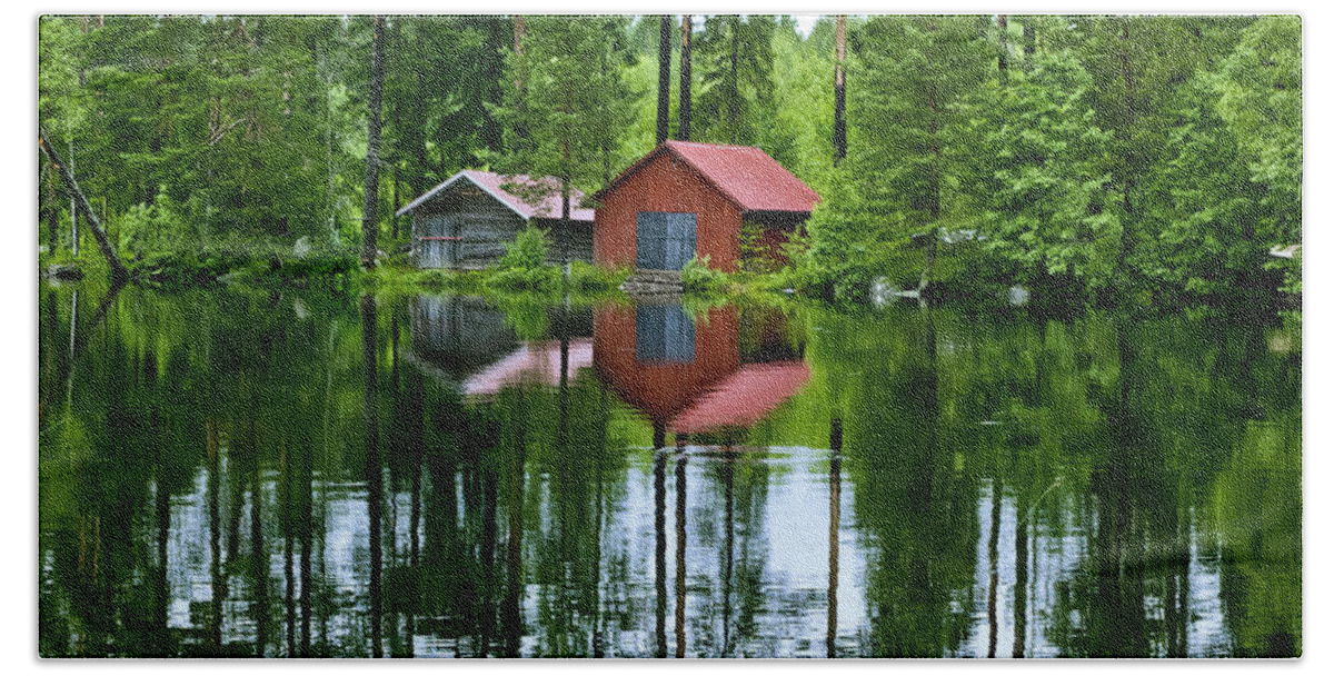 Boat House Bath Towel featuring the photograph Boat house on Swedish lake by Micah May