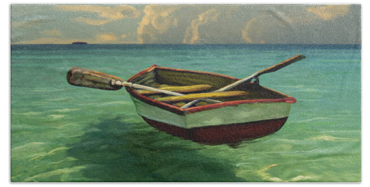 Clear Water Bath Towel featuring the painting Boat in Clear Water by David Van Hulst