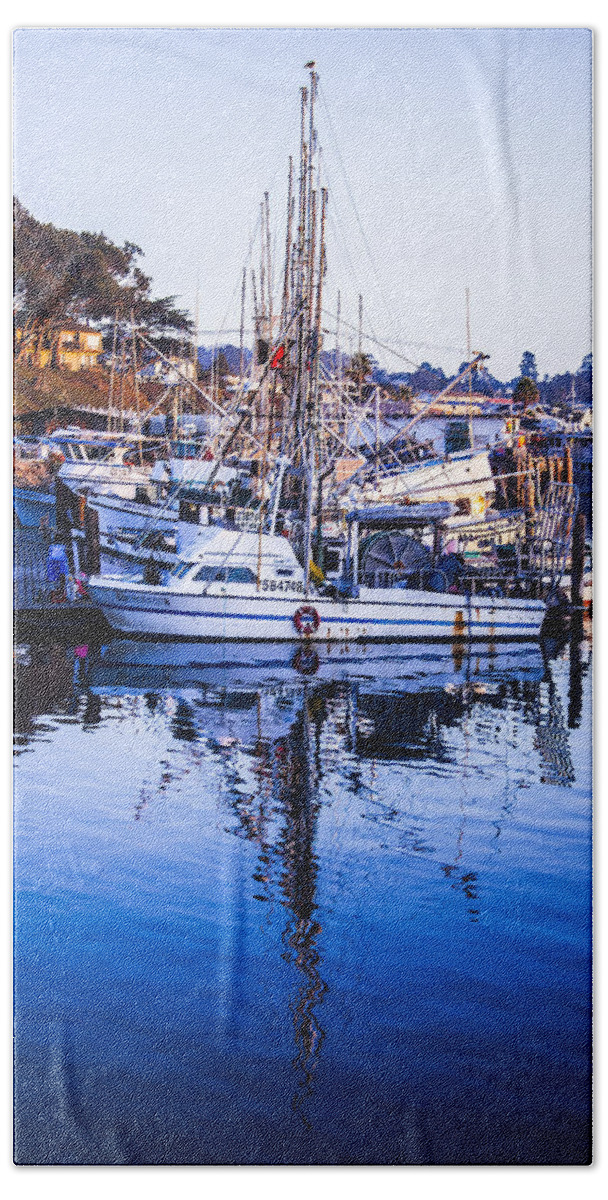 Boat Mast Reflection Bath Towel featuring the photograph Boat Mast Reflection in Blue Ocean at Dock Morro Bay Marina Fine Art Photography Print by Jerry Cowart