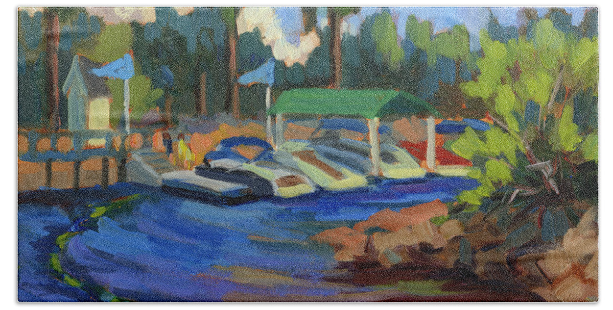 Lake Arrowhead Bath Towel featuring the painting Boating at Lake Arrowhead by Diane McClary