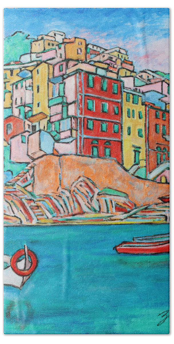 Cinqueterre Hand Towel featuring the painting Boats In Front Of The Buildings X by Xueling Zou