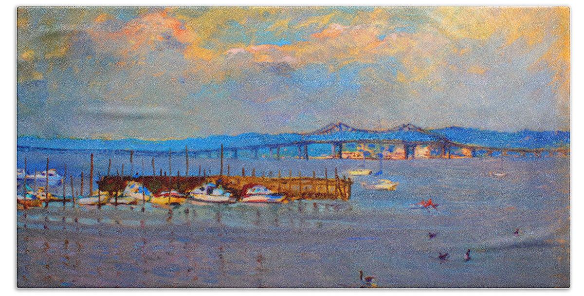 Piermont Ny Bath Towel featuring the painting Boats in Piermont harbor NY by Ylli Haruni