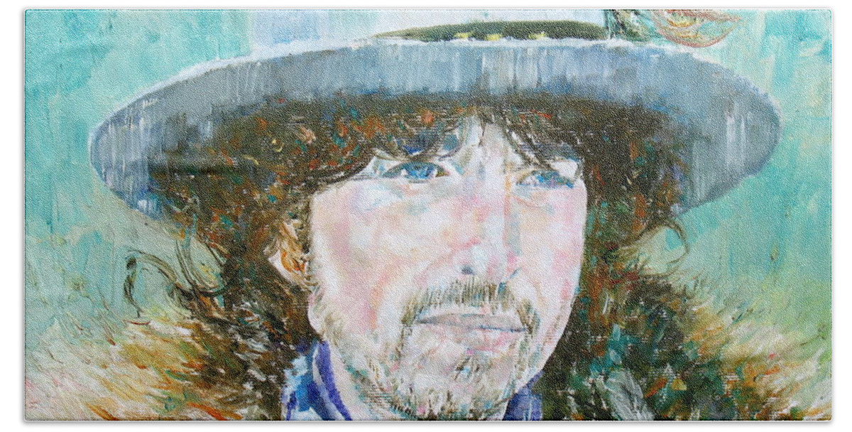 Bob Hand Towel featuring the painting Bob Dylan Oil Portrait by Fabrizio Cassetta