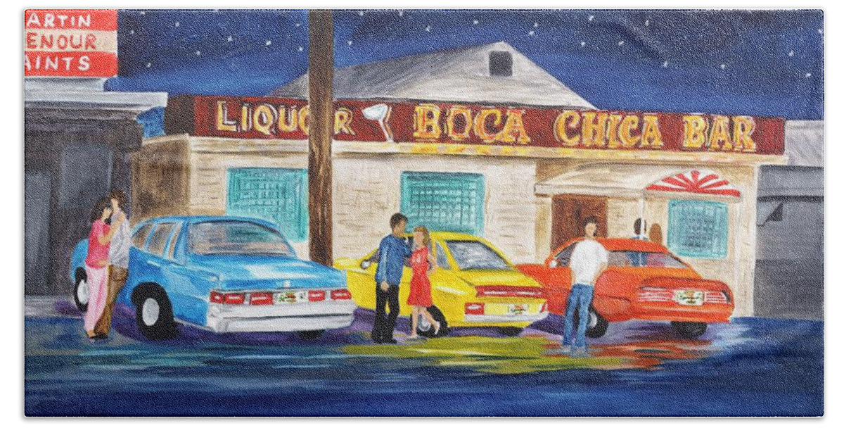 Boca Chica Bar Hand Towel featuring the painting Boca Chica Bar by Linda Cabrera