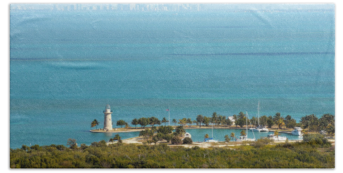 Boca Chita Hand Towel featuring the photograph Boca Chita Lighthouse and Miami Skyline by Georgia Clare