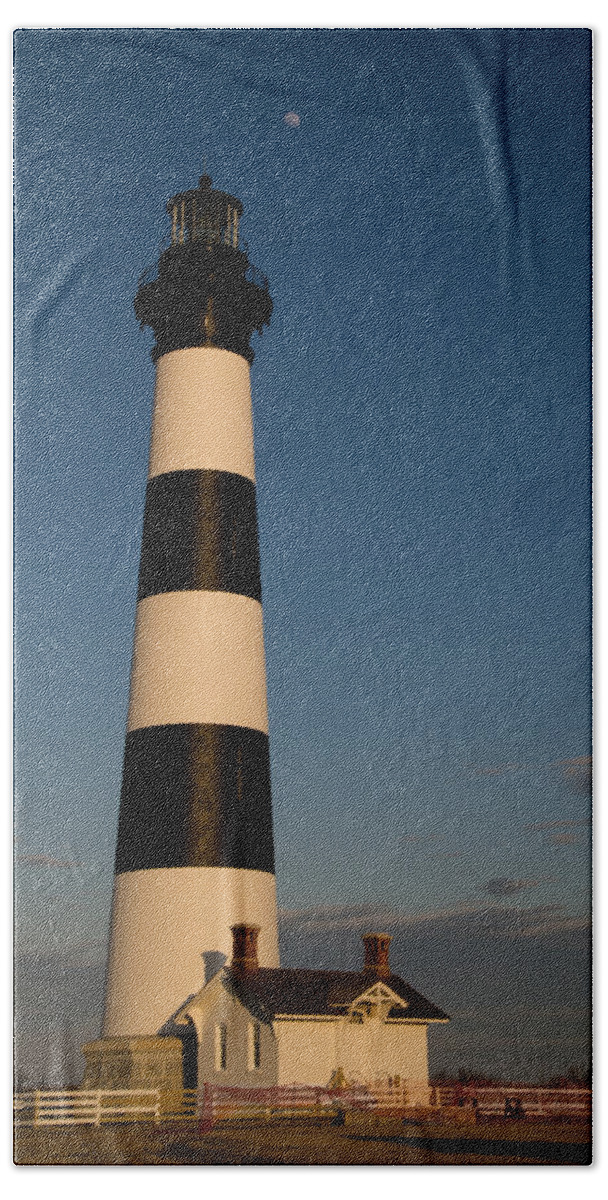 Lighthouse Bath Towel featuring the photograph Bodie Island Lighthouse under the moon by Stacy Abbott