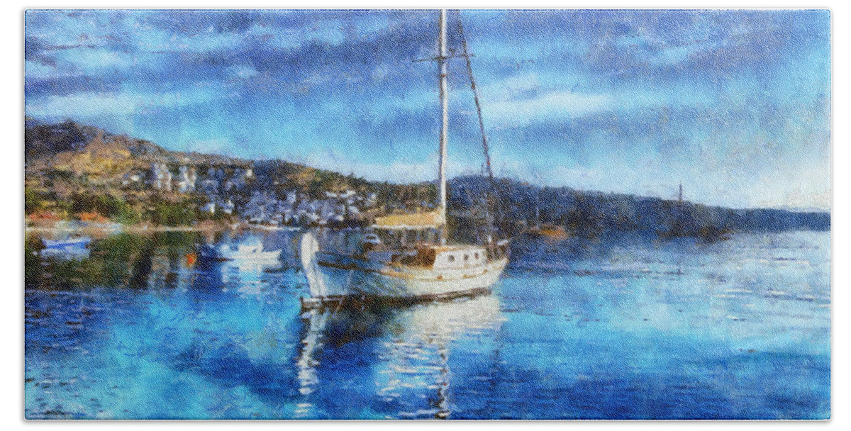 Boat Bath Towel featuring the painting Bodrum Bay in Turkey by Lilia S