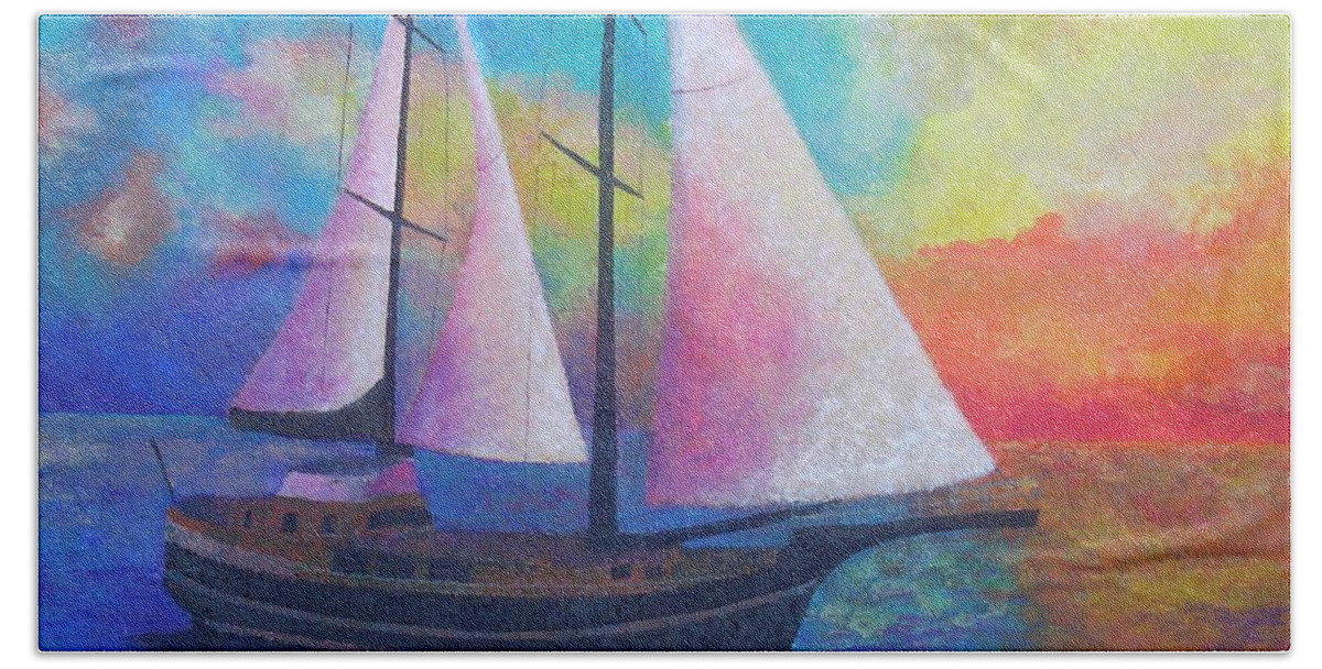 Boat Hand Towel featuring the painting Bodrum Gulet Cruise by Taiche Acrylic Art