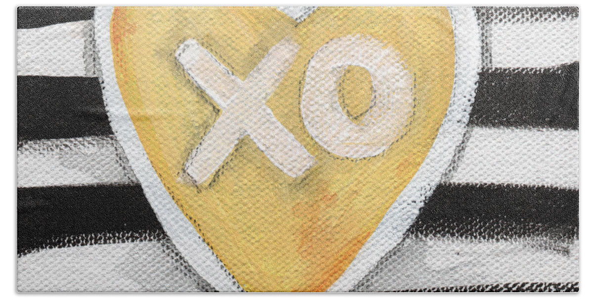 Love Heart Valentine Romance Stripes Black White Yellow Grey Pop Art Contemporary Art Watercolor Ink Painting Xo Family Friend Wife Husband Bedroom Art Kitchen Art Living Room Art Gallery Wall Art Art For Interior Designers Hospitality Art Set Design Wedding Gift Art By Linda Woodspillow Bath Sheet featuring the painting Bold Love by Linda Woods