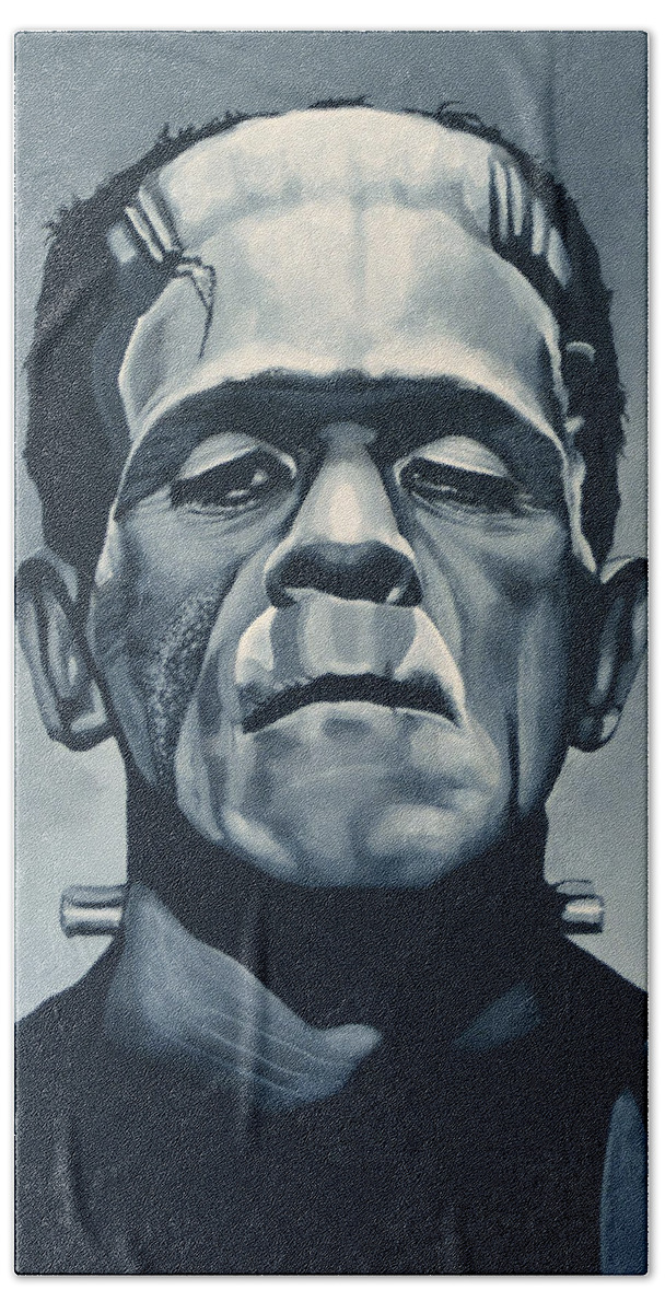 Frankenstein Bath Sheet featuring the painting Boris Karloff as Frankenstein by Paul Meijering