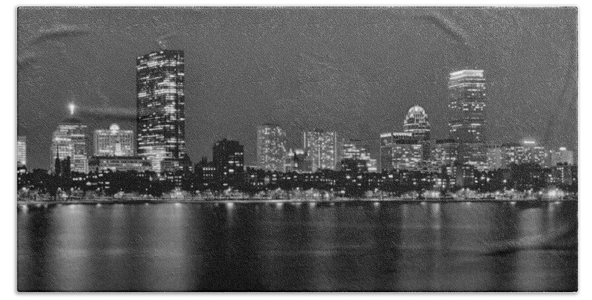 Boston Skyline At Night Hand Towel featuring the photograph Boston Back Bay Skyline at Night Black and White BW Panorama by Jon Holiday