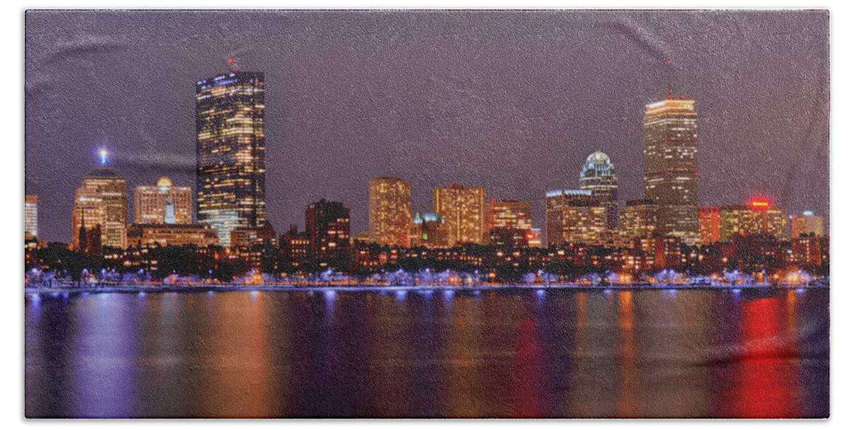 Boston Skyline At Night Hand Towel featuring the photograph Boston Back Bay Skyline at Night Color Panorama by Jon Holiday
