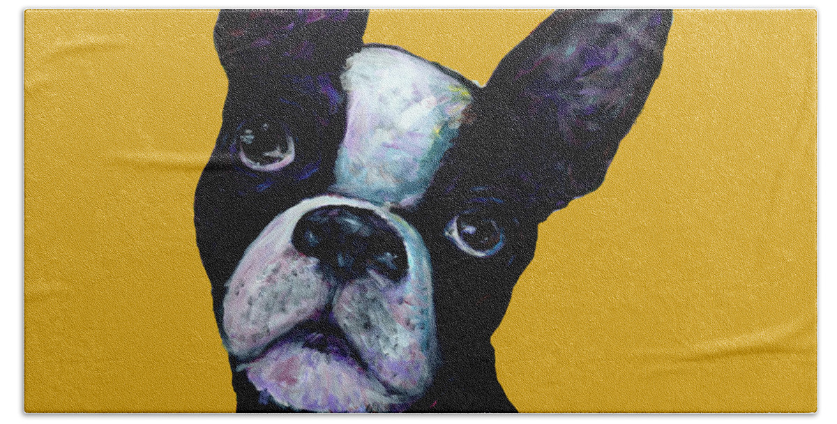 Boston Terrier Bath Towel featuring the painting Boston Terrier On Yellow by Dale Moses