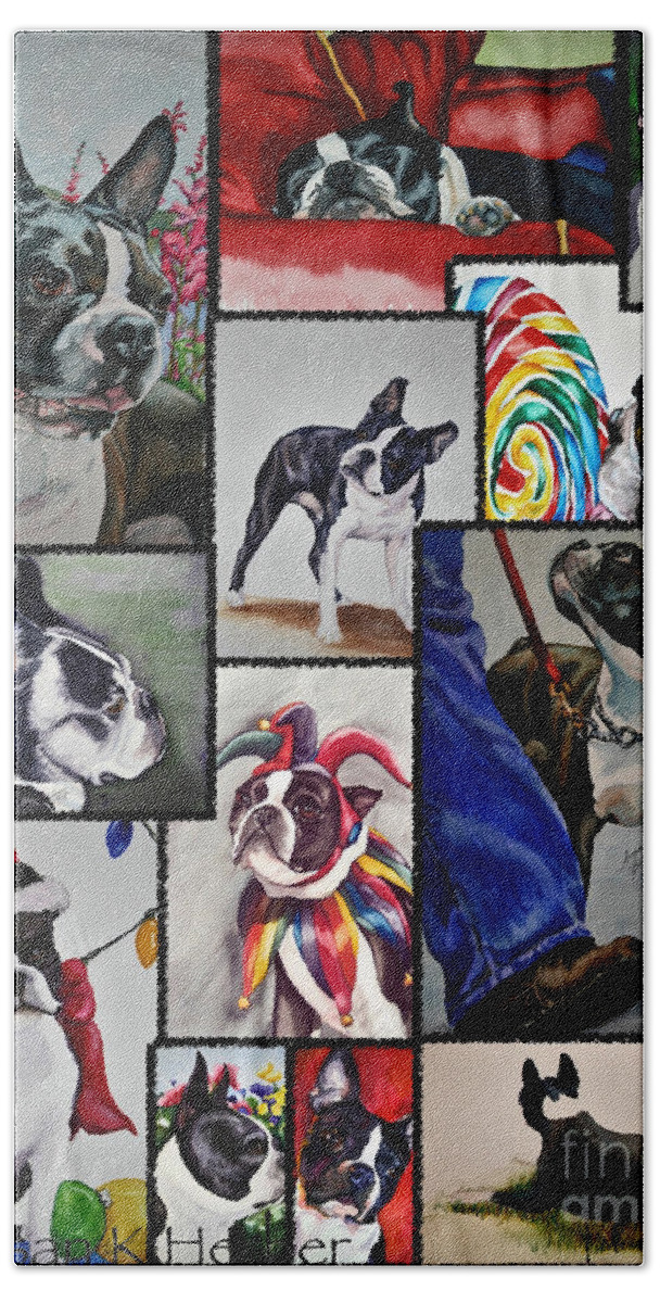 Animal Hand Towel featuring the painting Boston Terrier Watercolor Collage by Susan Herber