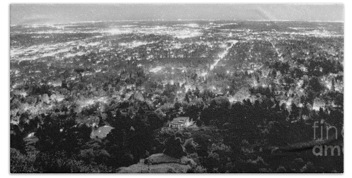 Cityscape Bath Towel featuring the photograph Boulder Colorado City Lights Panorama Black and White by James BO Insogna
