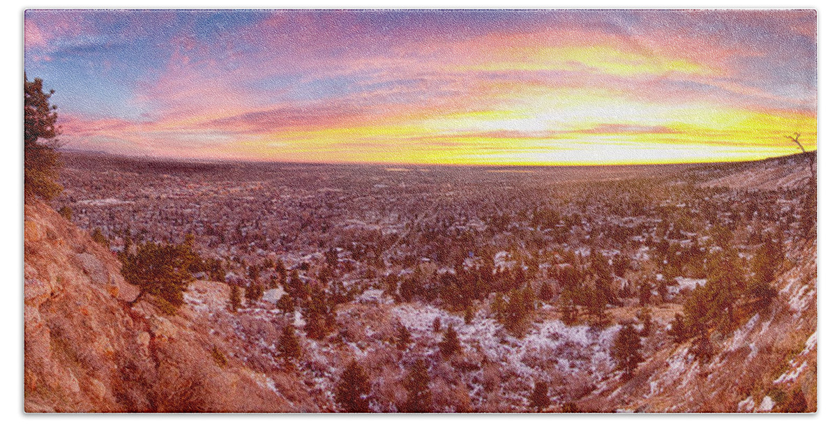 Boulder Bath Towel featuring the photograph Boulder Colorado Colorful Sunrise Wide Panorama View by James BO Insogna