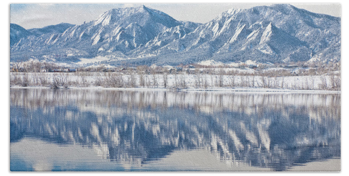 Winter Bath Towel featuring the photograph Boulder Reservoir Flatirons Reflections Boulder Colorado by James BO Insogna