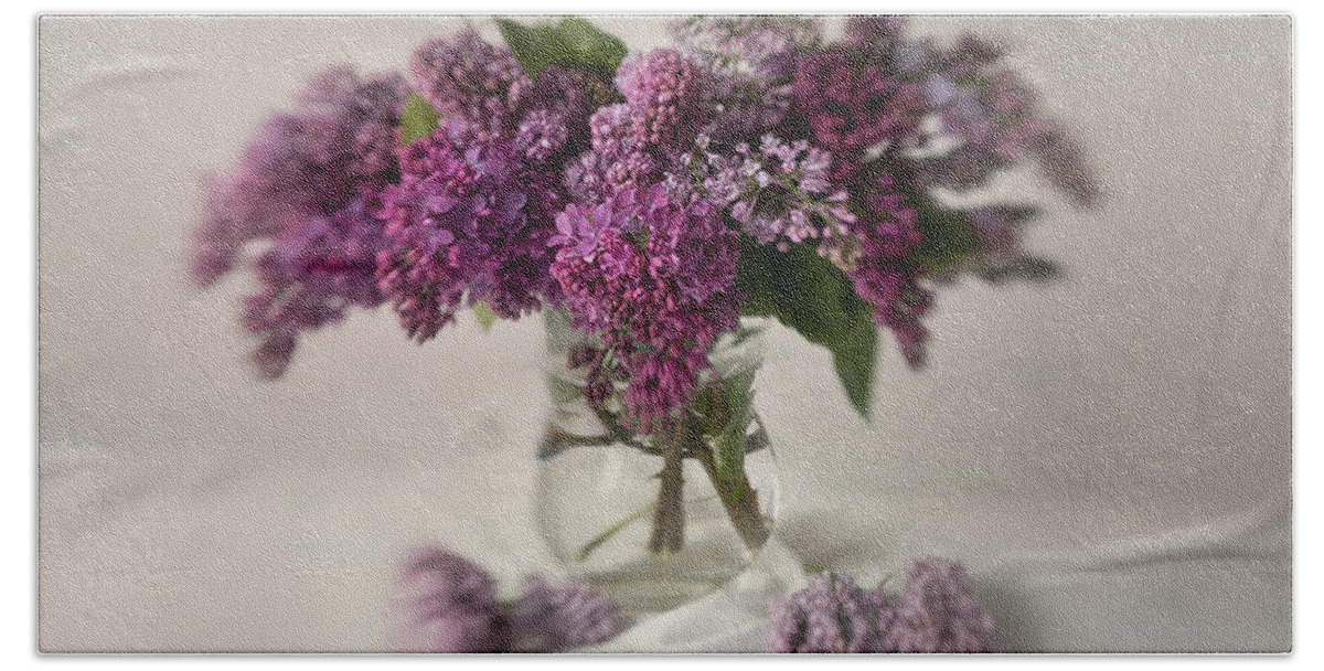Bouquet Bath Towel featuring the photograph Bouquet of lilacs in a glass pot by Jaroslaw Blaminsky