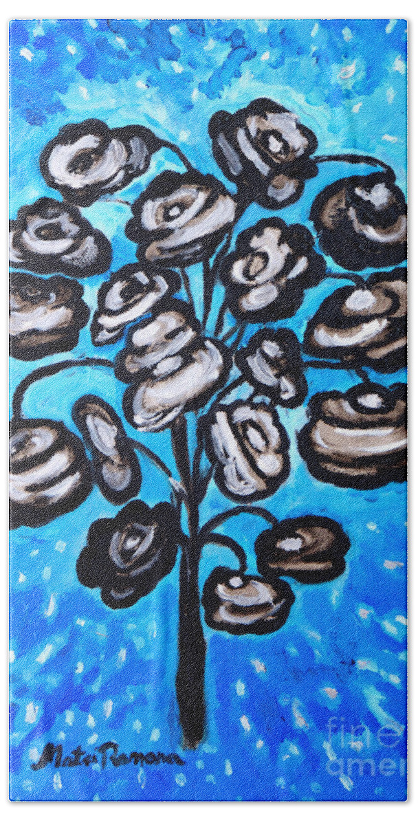Blue Bath Towel featuring the painting Bouquet of white poppies by Ramona Matei