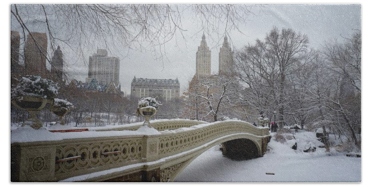 Landscape Hand Towel featuring the photograph Bow Bridge Central Park in Winter by Vivienne Gucwa