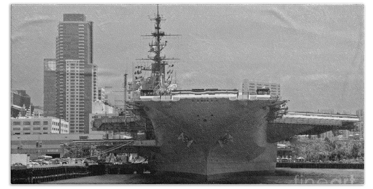 Claudia's Art Dream Hand Towel featuring the photograph Bow of the Uss MIDWAY MUSEUM CV 41 Aircraft carrier - black and white by Claudia Ellis