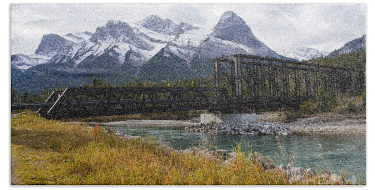 Canmore Hand Towel featuring the photograph Bow River Railroad Trestle by Bob Phillips