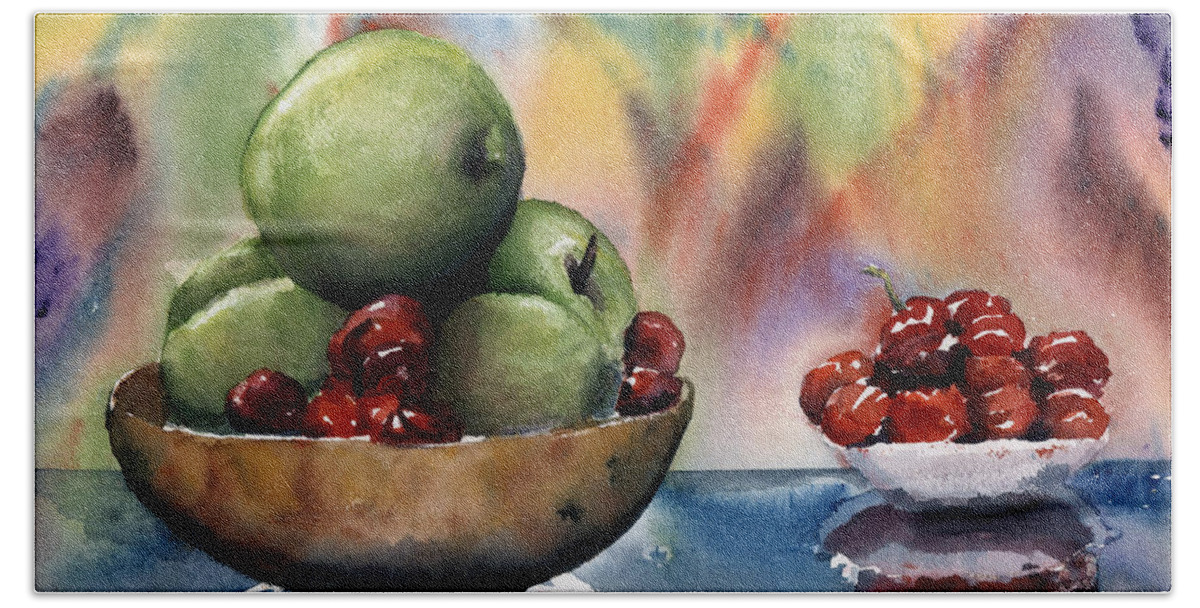 Apples And Cherries Hand Towel featuring the painting Apples in a Wooden Bowl With Cherries on the Side by Maria Hunt