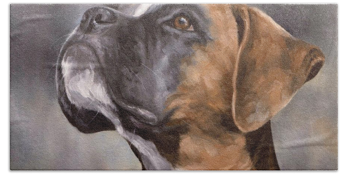 Boxer Bath Towel featuring the painting Boxer Painting by Rachel Stribbling