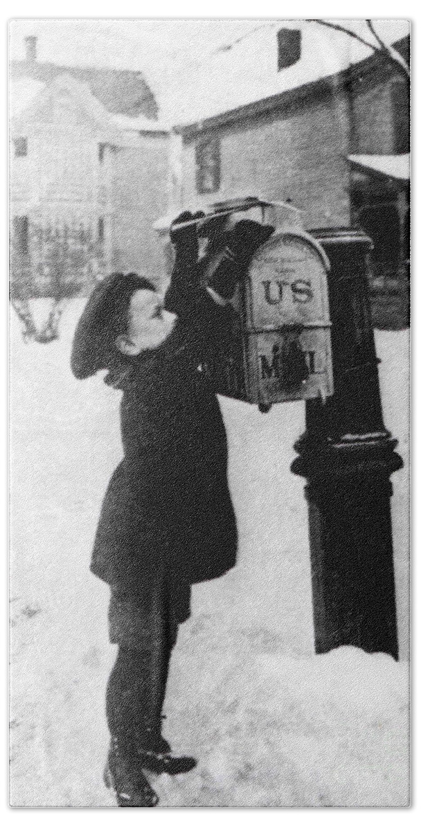 History Bath Towel featuring the photograph Boy Puts Letter Into Mailbox, C. 1880 by Photo Researchers