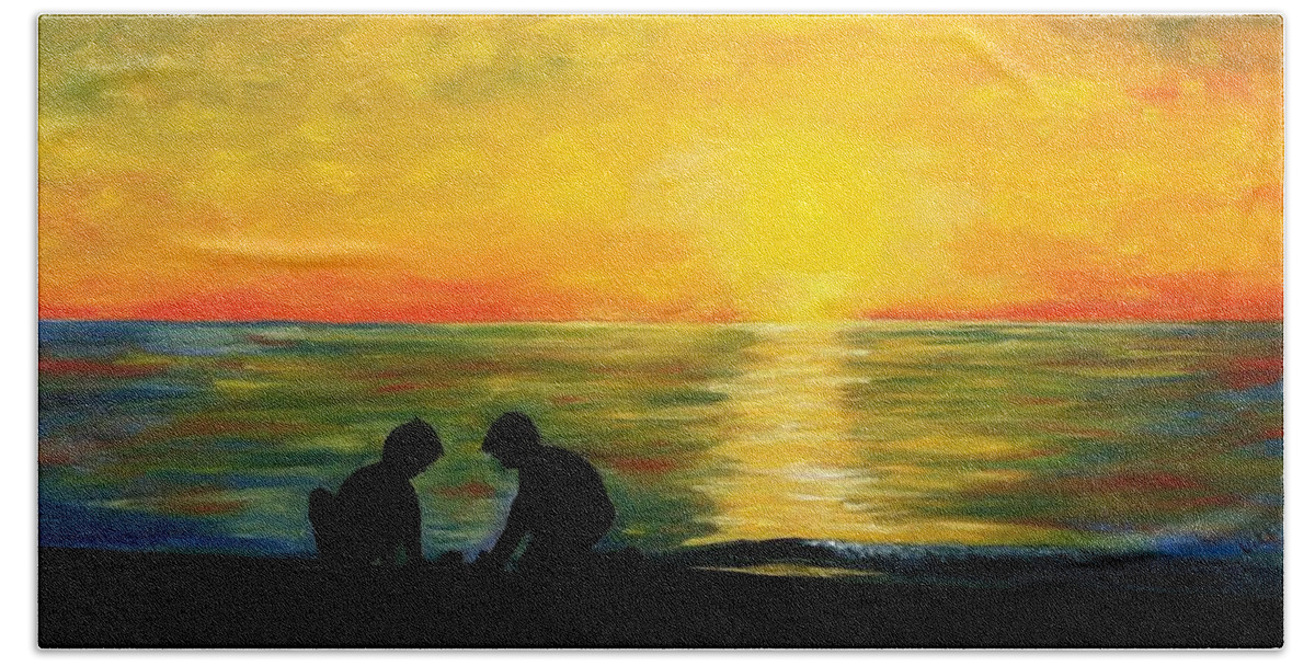 Sunset Hand Towel featuring the painting Boys in the Sunset by Vikki Angel