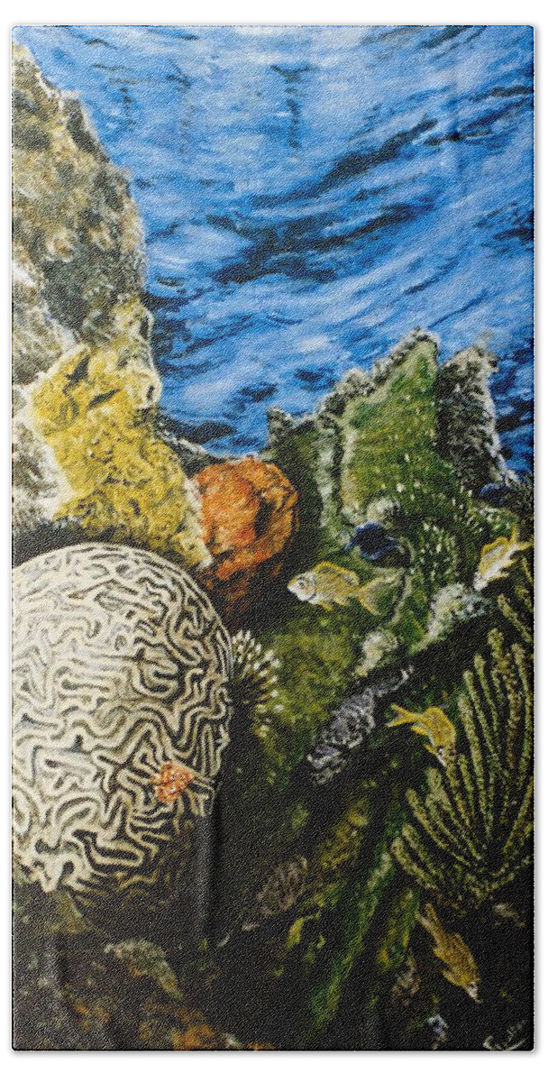 Brain Coral Bath Towel featuring the painting Brain Coral in the Indian Ocean by Mackenzie Moulton