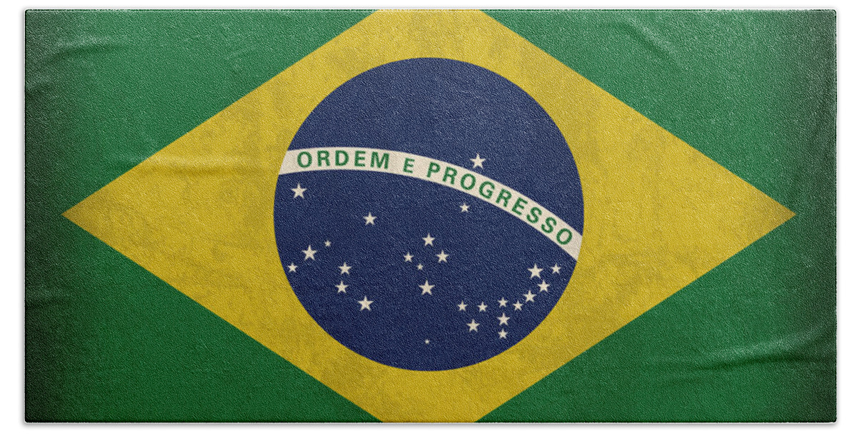 Brazil Flag Bath Towel featuring the mixed media Brazil Flag Vintage Distressed Finish by Design Turnpike