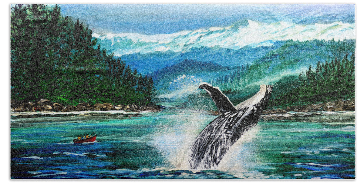 Breaching Whale Hand Towel featuring the painting Breaching Humpback Whale by Pat Davidson