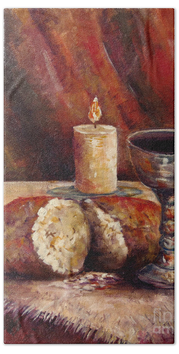 Bread And Wine Hand Towel featuring the painting Bread and Wine by Lou Ann Bagnall