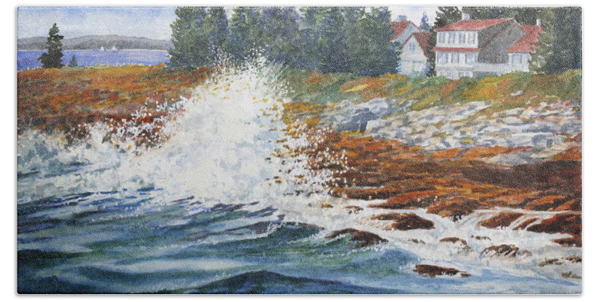 Seascape Hand Towel featuring the painting Breakers at Pemaquid by Roger Rockefeller