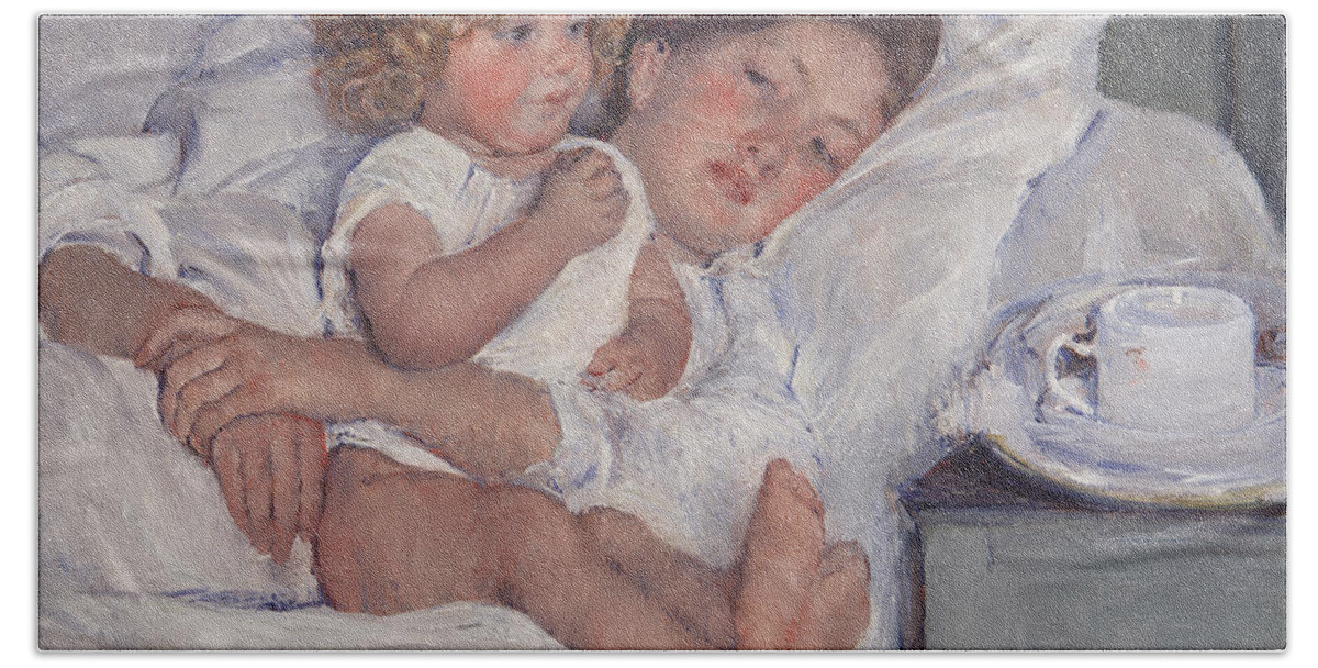 Mary Cassatt Hand Towel featuring the painting Breakfast In Bed by Mary Cassatt
